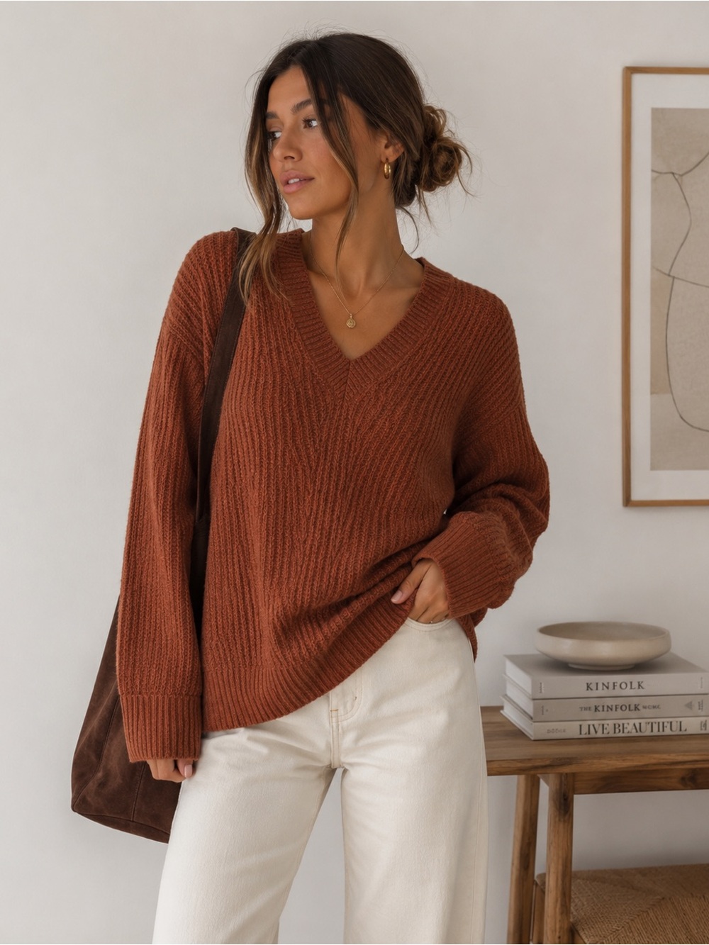 Nine West Rust Textured V-Neck Sweater | Cozy Fall Knit | Relaxed Fit- Large